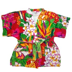 Vintage 1970s Mr. Robert Floral Terry Cloth Robe - Bold Tropical Print - Rare